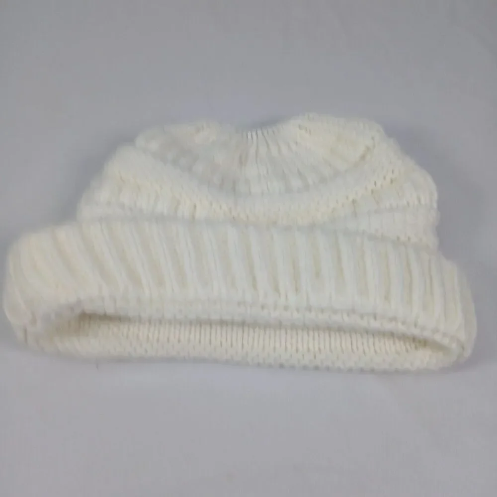 CC Womens OS Ponytail Messy Bun Beanie Ivory Knit Winter Hat Stretch Acrylic
